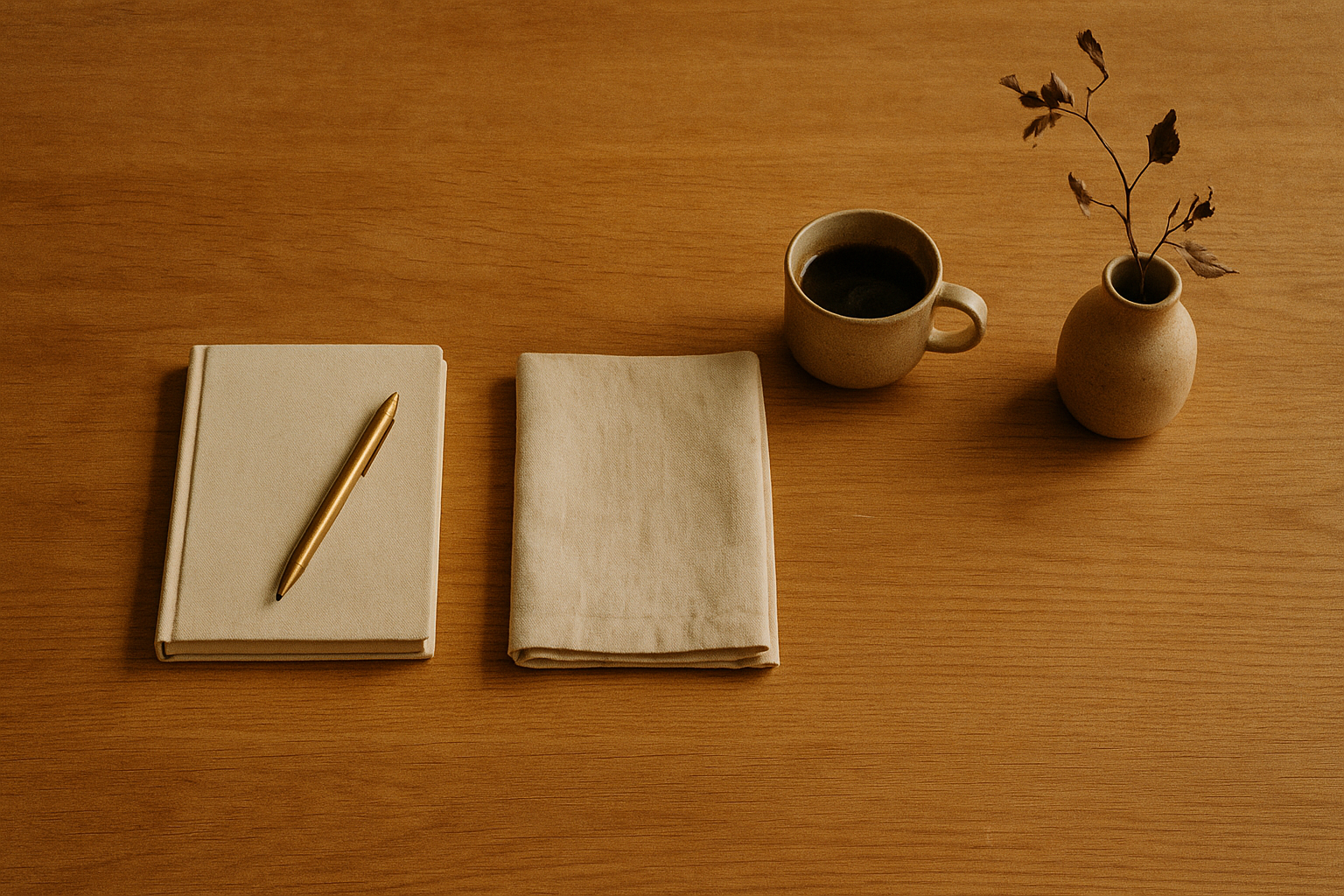 Editorial flat-lay med åben notesbog, magasin, espresso og lille keramik-vase